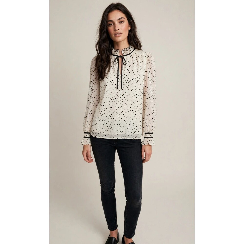 LOFT Petites MP Ivory Black Polka Dot Ruffle Tie Neck Long Sleeve Blouse FLAW